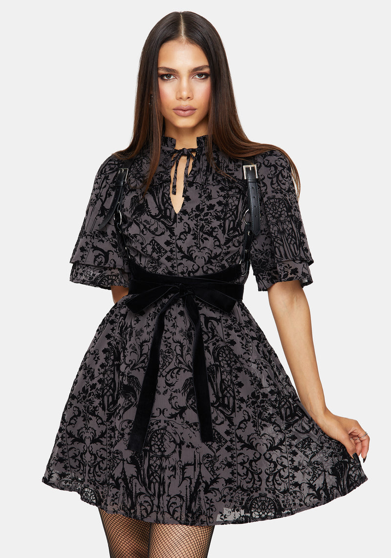 Thorned Flocked Chiffon Castle Print Yoke Front Frill Sleeve Mini Dress