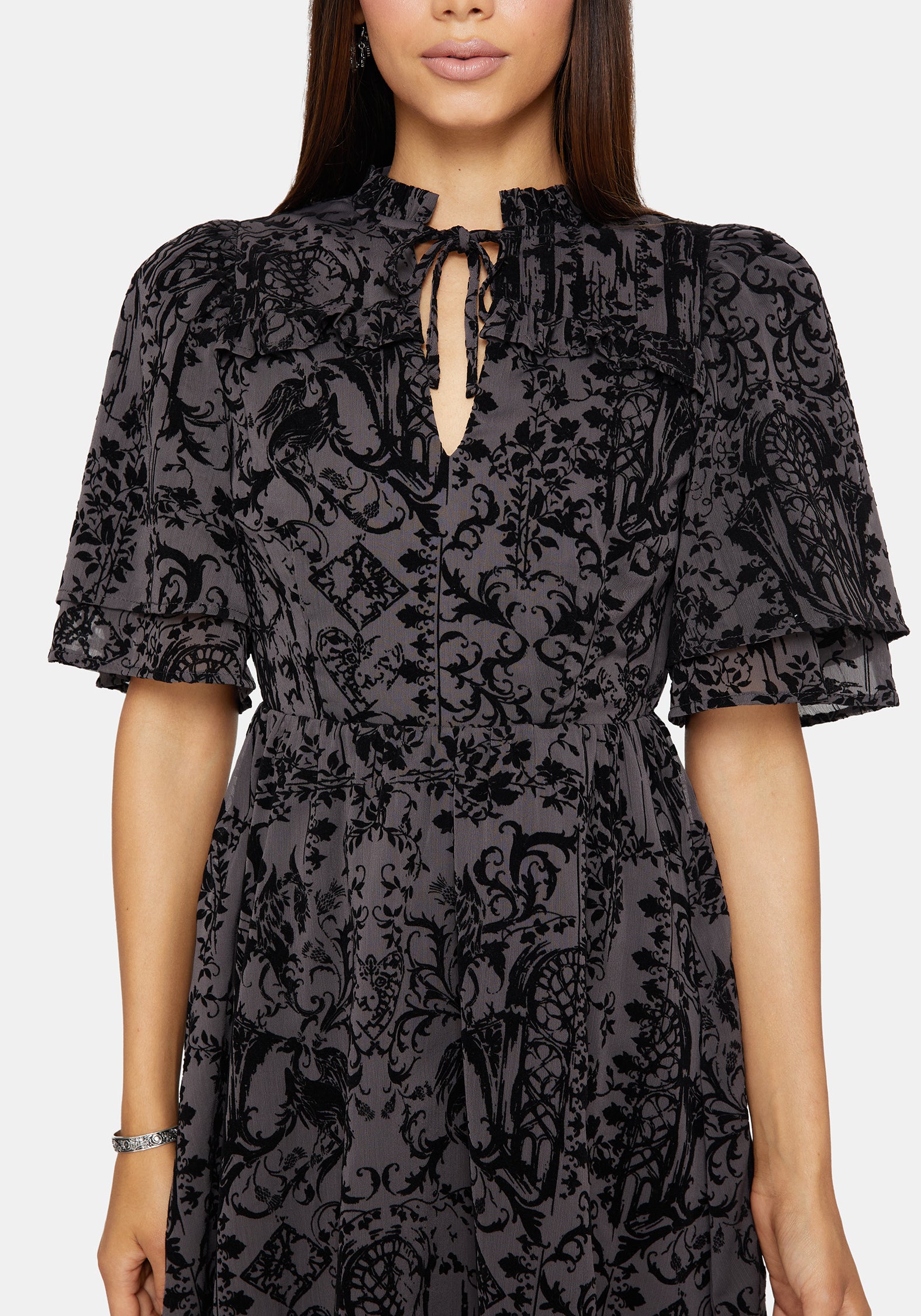 Thorned Flocked Chiffon Castle Print Yoke Front Frill Sleeve Mini Dress