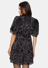 Thorned Flocked Chiffon Castle Print Yoke Front Frill Sleeve Mini Dress
