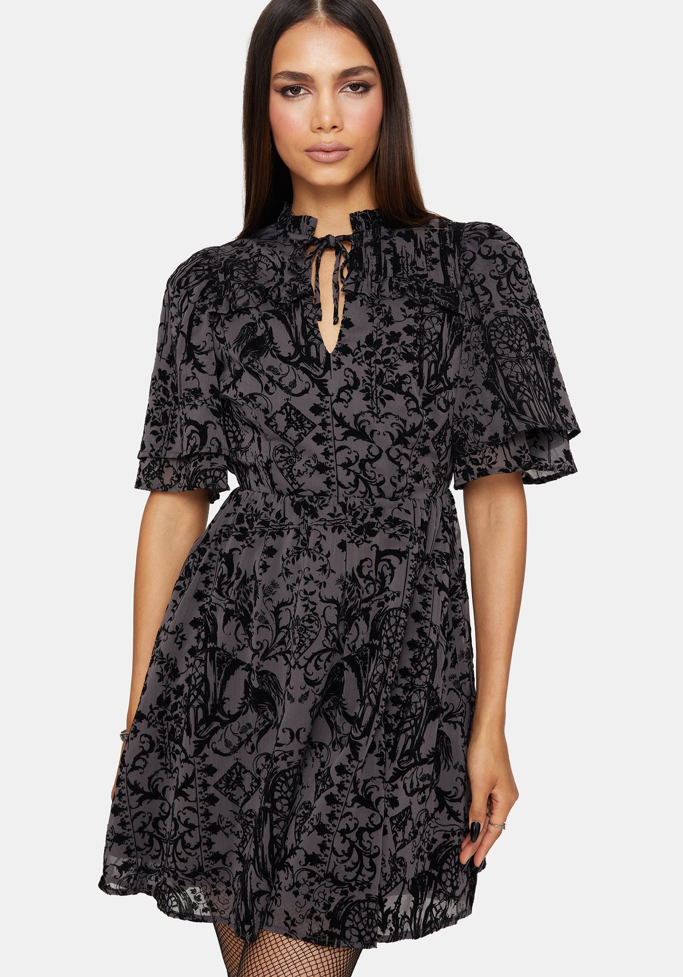 Thorned Flocked Chiffon Castle Print Yoke Front Frill Sleeve Mini