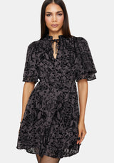 Thorned Flocked Chiffon Castle Print Yoke Front Frill Sleeve Mini Dress