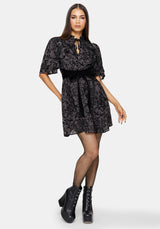 Thorned Flocked Chiffon Castle Print Yoke Front Frill Sleeve Mini Dress