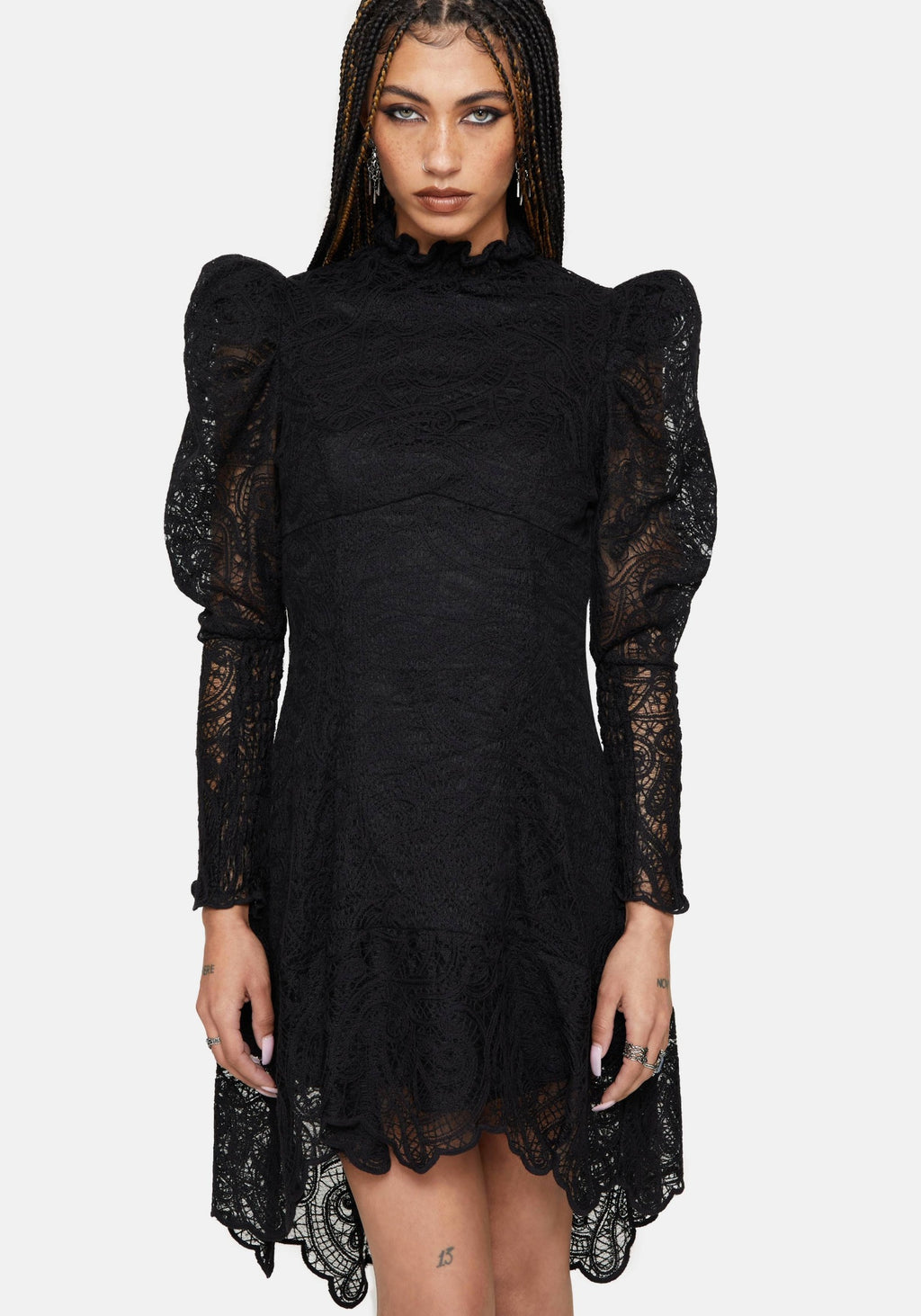 black lace high neck mini dress ASOS DESIGN lace long sleeved high neck mini dress with drape overlay skirt in black