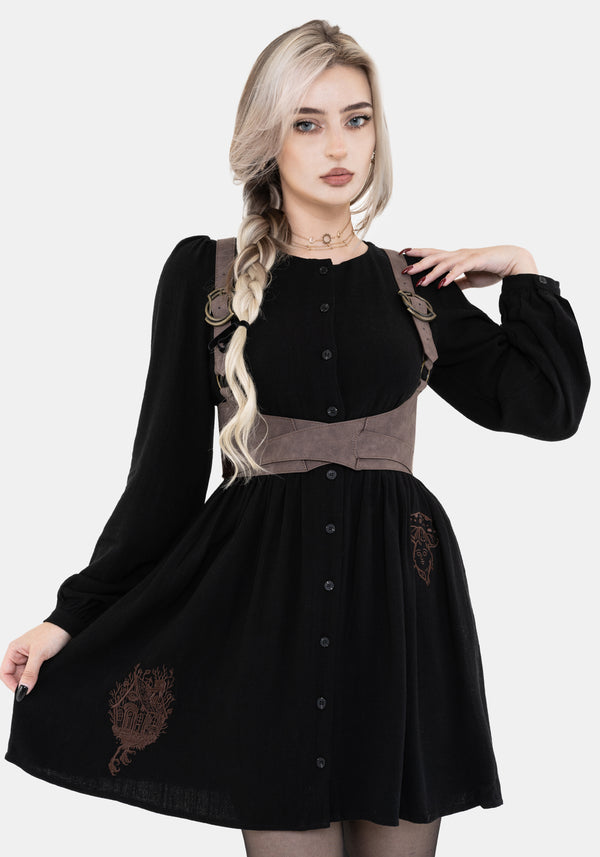 Hexborn Linen-Blend Baba Yaga Embroidered Long Sleeve Mini Dress