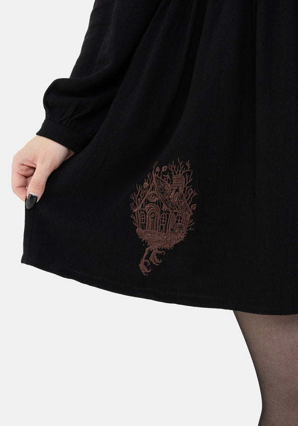 Hexborn Linen-Blend Baba Yaga Embroidered Long Sleeve Mini Dress