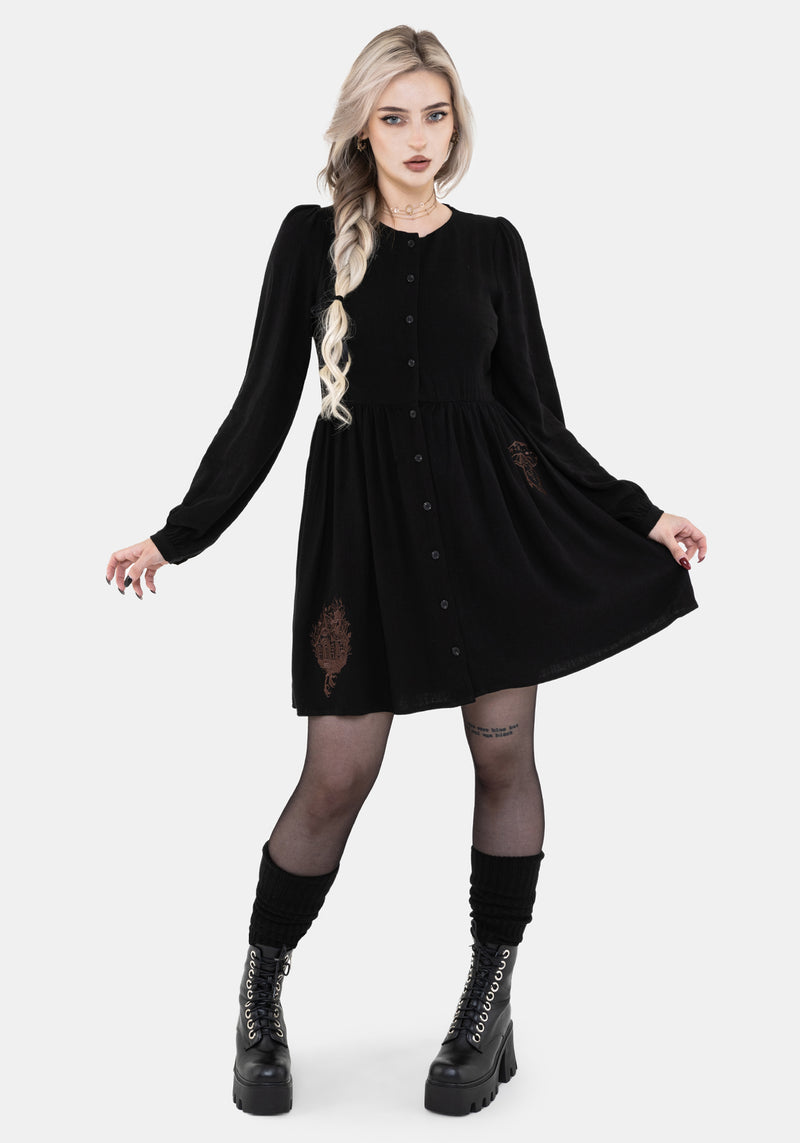 linen long sleeve mini dress Hexborn Linen-Blend Baba Yaga Embroidered Long Sleeve Mini Dress