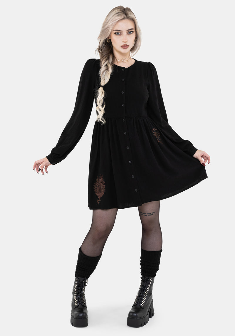 Hexborn Linen-Blend Baba Yaga Embroidered Long Sleeve Mini Dress