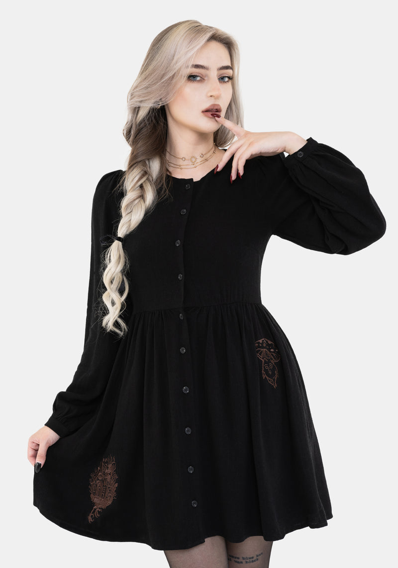 Hexborn Linen-Blend Baba Yaga Embroidered Long Sleeve Mini Dress