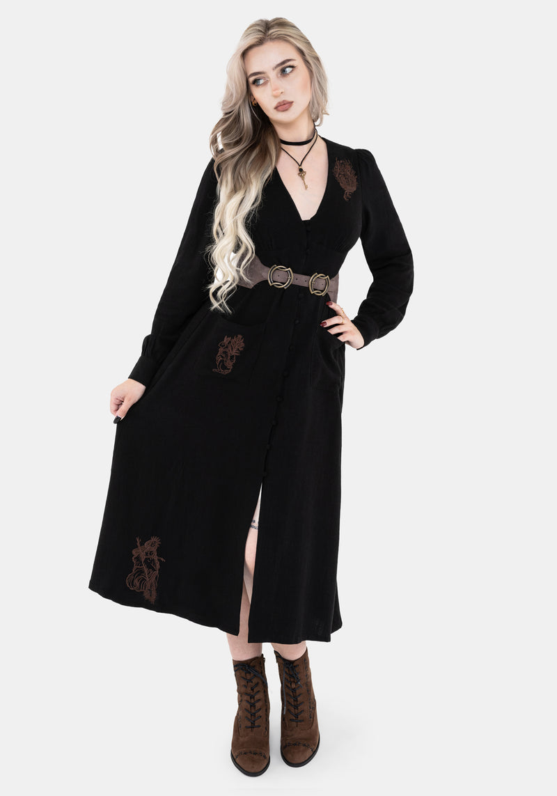 spell babushka midi dress Hexborn Linen-Blend Baba Yaga Embroidered Midi Dress – Disturbia