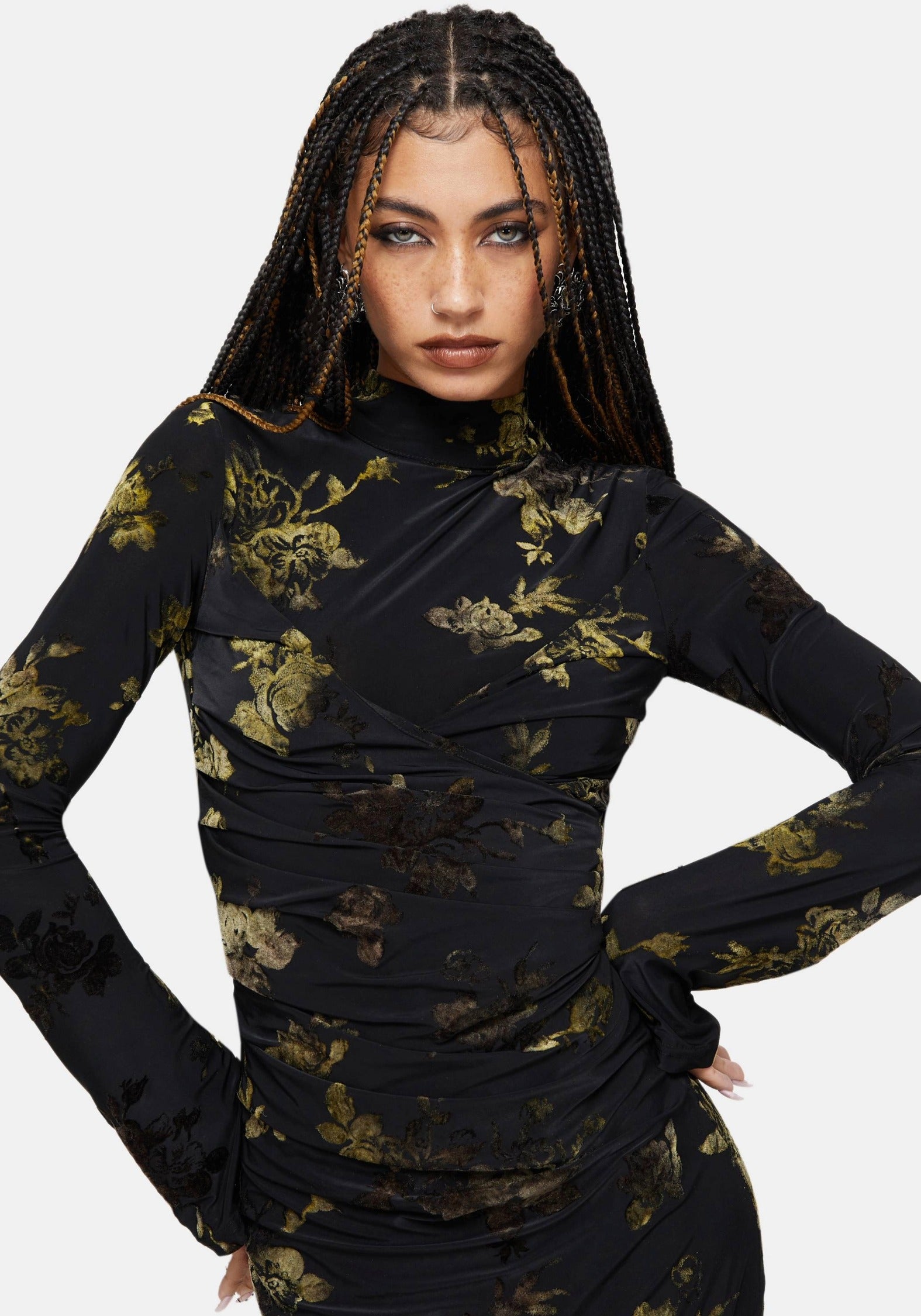 mesh floral turtleneck dress Long Sleeve Printed Mesh Turtleneck Dress 1X - multicolor | Rachel Antonoff - 1X