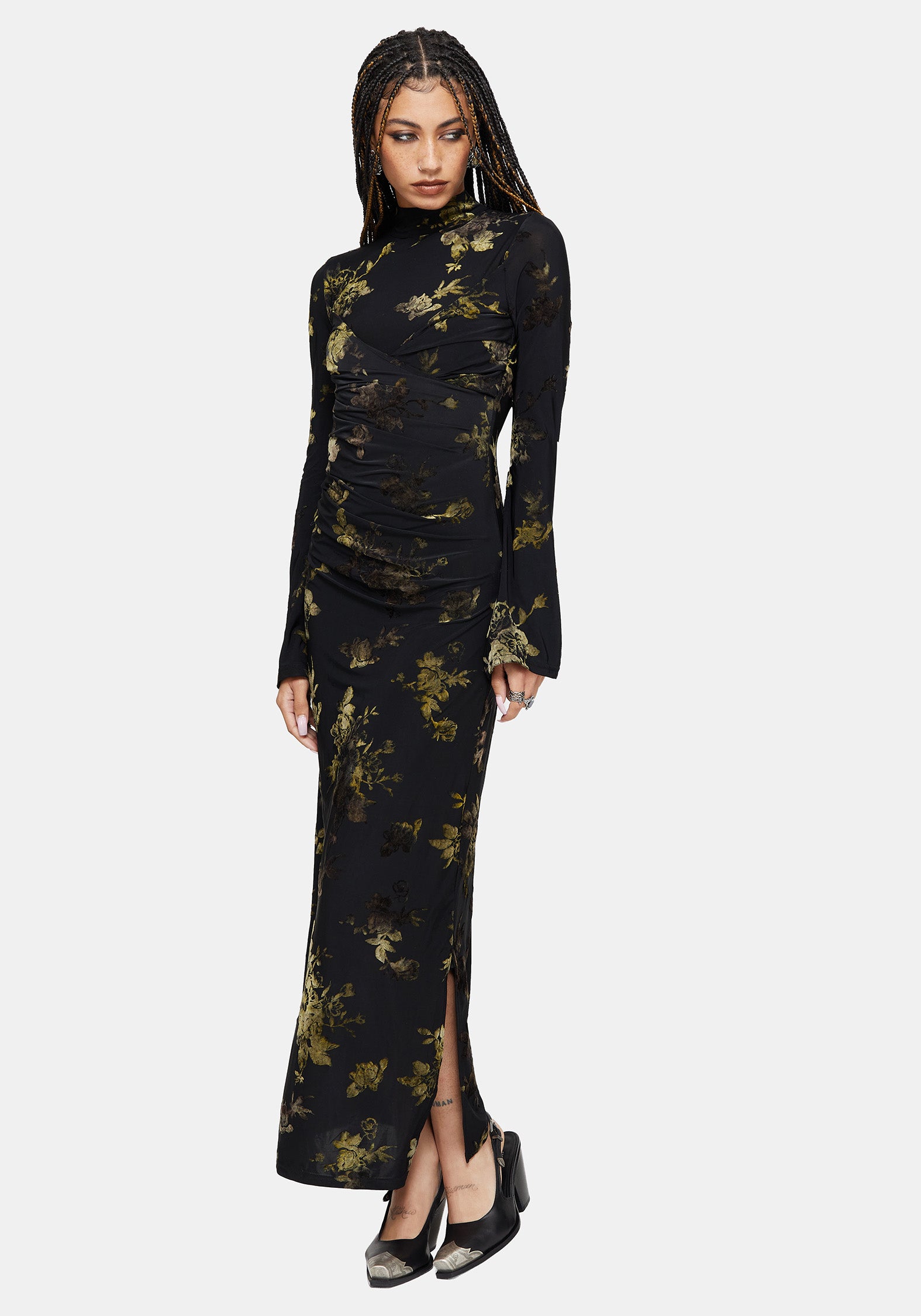flocked mesh maxi dress Priestess Flocked Mesh Maxi Dress