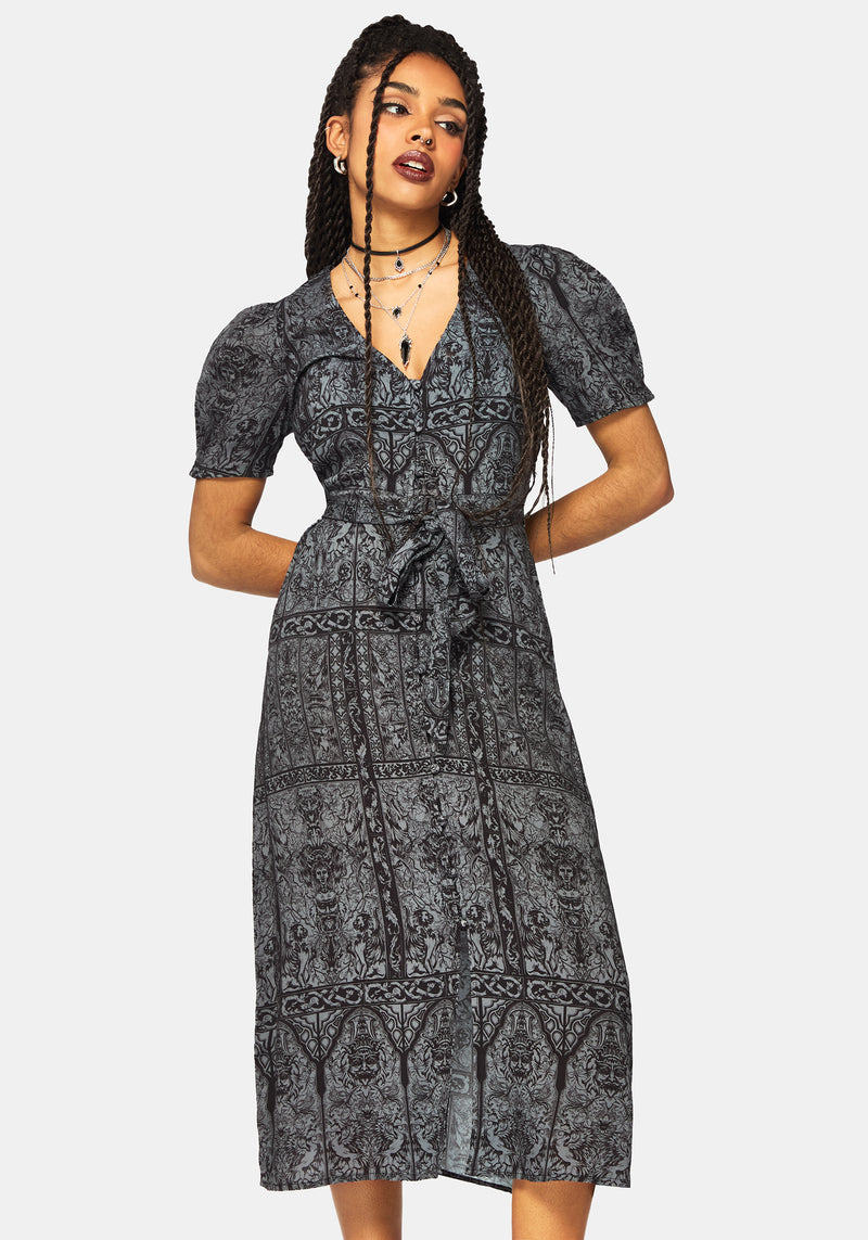 Fracture Cathedral Print Button Down Midi Dress