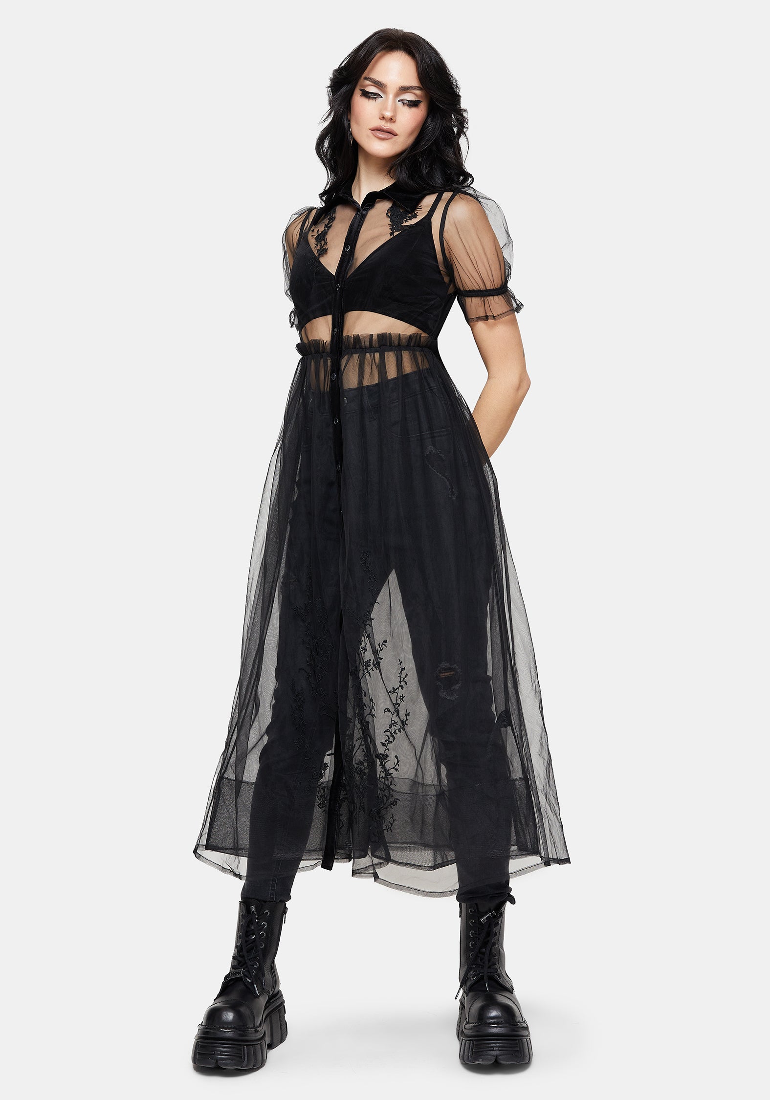 Aria Embroidered Tulle Button Up Midaxi Shirt Dress – Disturbia