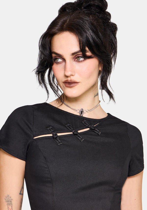 knee length dresses for ladies Rosaleigh Flock Velour Mesh Flare Sleeve Mini Dress | Disturbia
