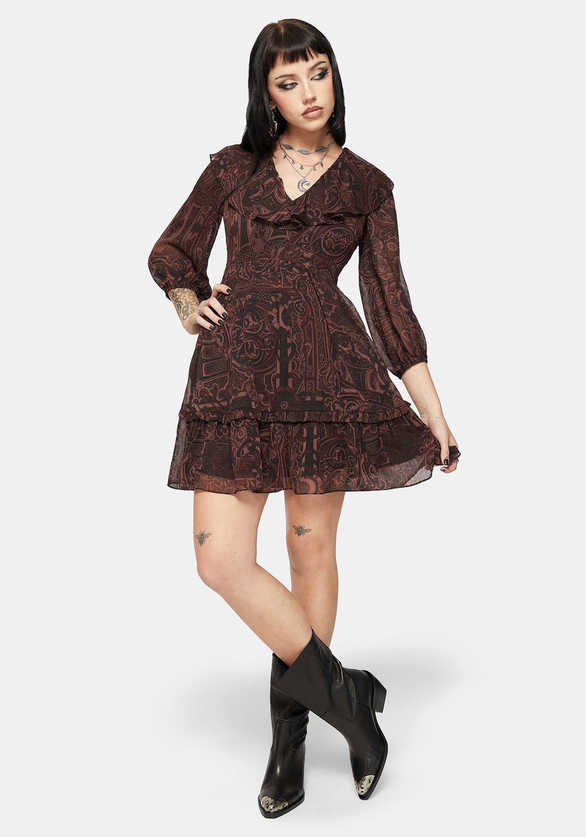 Kells Printed Tie Back Frill Mini Dress