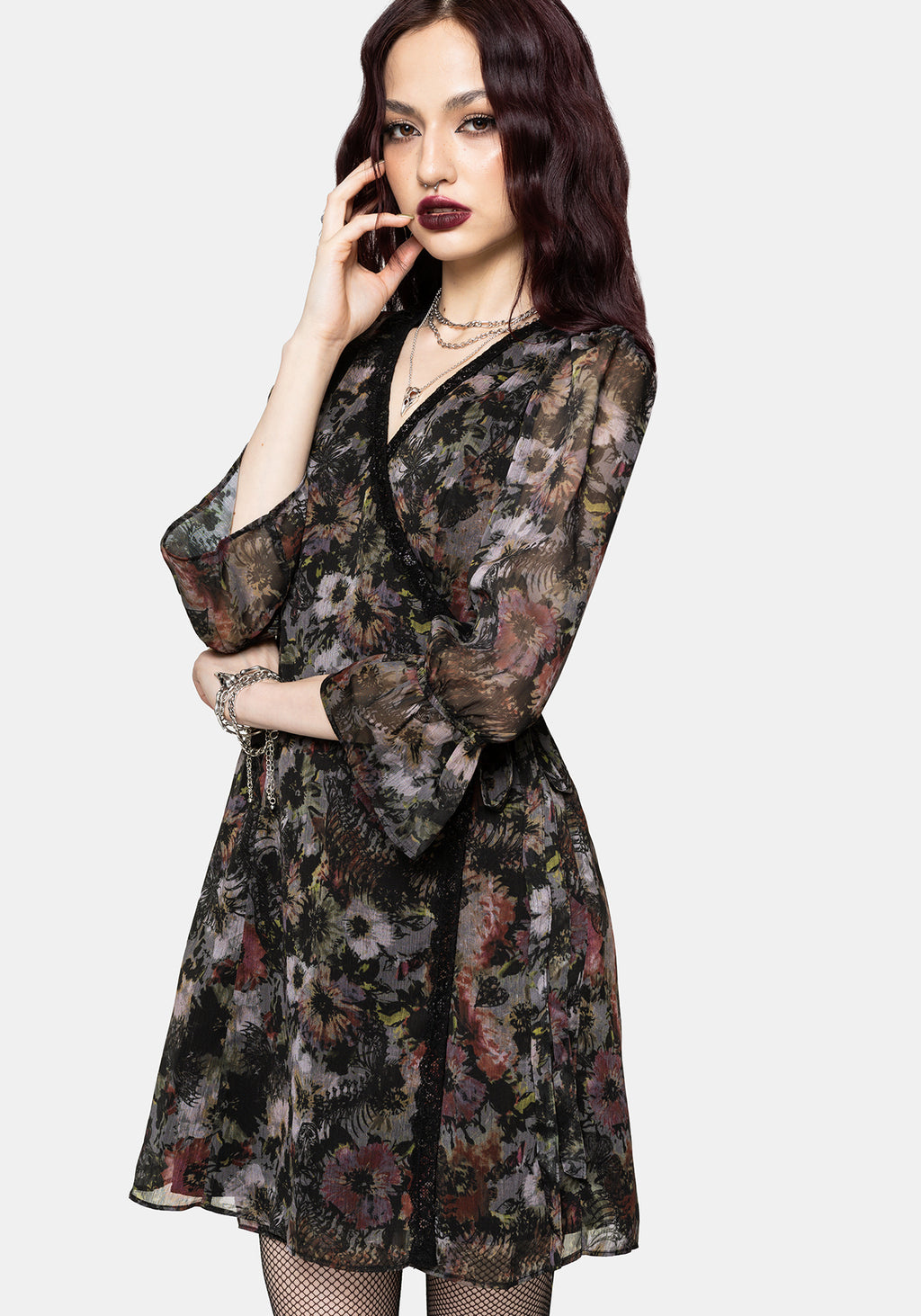 Mortua Grunge Floral Print Lace Trim Mini Wrap Dress Mortua Grunge Floral Print Lace Trim Mini Wrap Dress