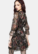 Mortua Grunge Floral Print Lace Trim Mini Wrap Dress