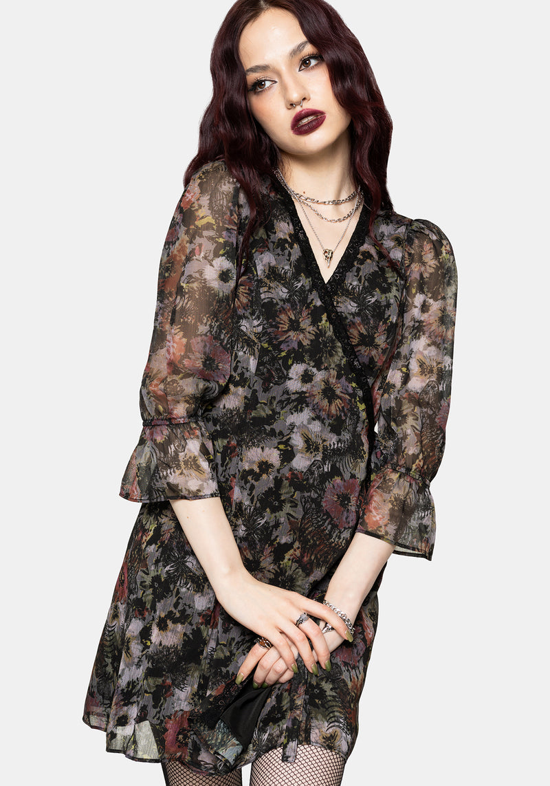 slim fit dress slacks Mortua Grunge Floral Print Lace Trim Mini Wrap Dress – Disturbia