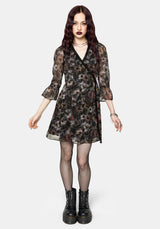 Mortua Grunge Floral Print Lace Trim Mini Wrap Dress
