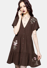 Faela Fairy Embroidered Button Up V-Neck Peplum Mini Dress US 2