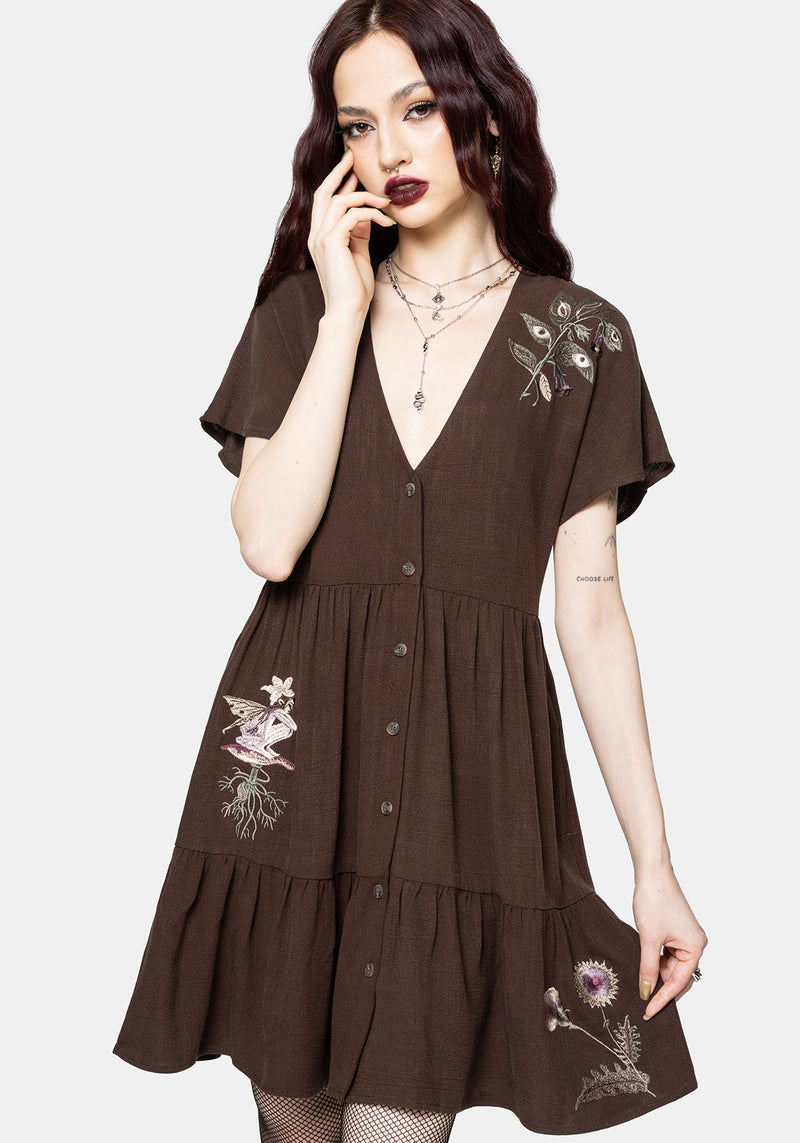 Faela Fairy Embroidered Button Up V-Neck Peplum Mini Dress – Disturbia