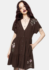 Faela Fairy Embroidered Button Up V-Neck Peplum Mini Dress US 2