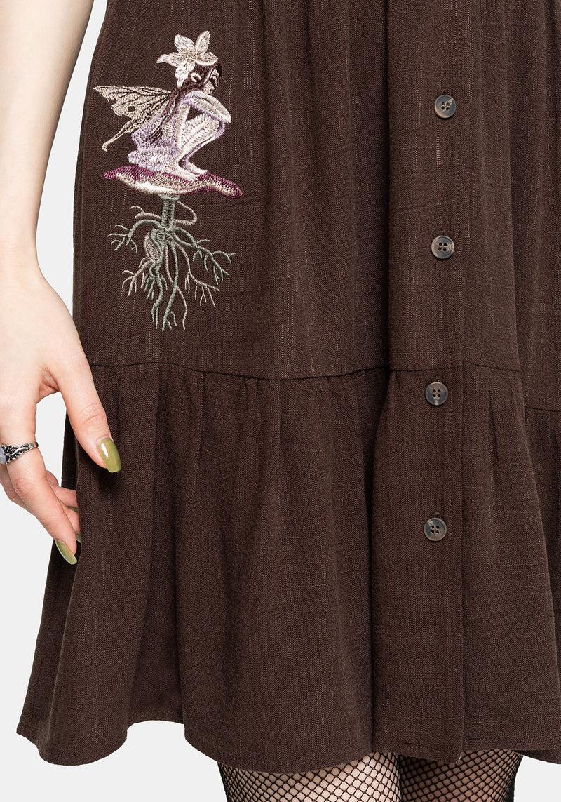 Faela Fairy Embroidered Button Up V-Neck Peplum Mini Dress – Disturbia