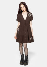 Faela Fairy Embroidered Button Up V-Neck Peplum Mini Dress US 2