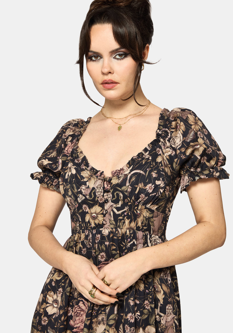 knee length dresses for ladies Triple Goddess Print Milkmaid Midi Dress – Disturbia