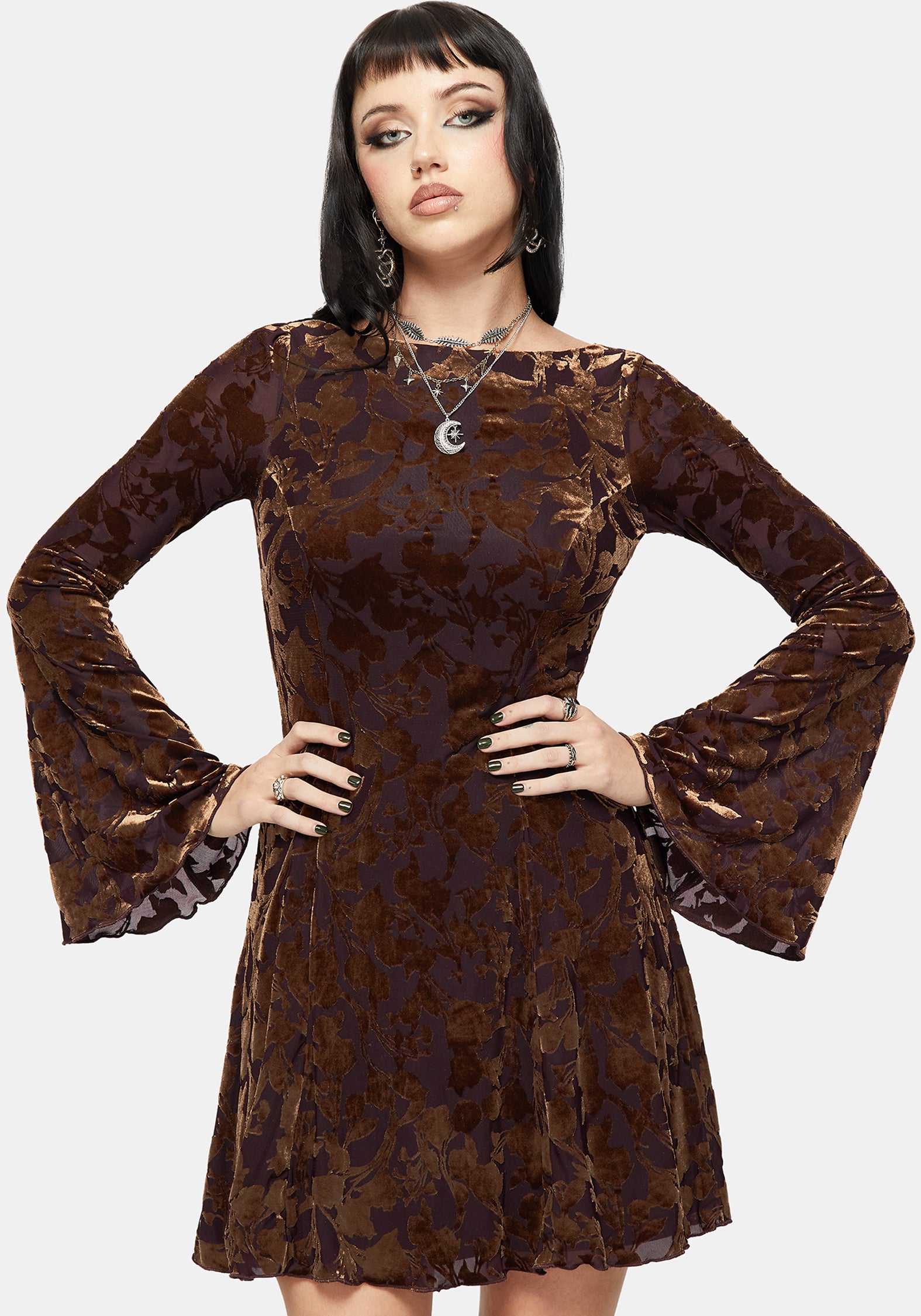 devore mini dress Dakota Devore Velour Flare Sleeve Mini Dress