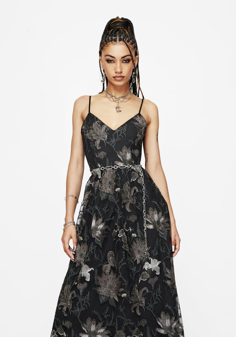 Estrid Embroidered Mesh Midaxi Cami Dress - Silver Disturbia Estrid Embroidered Mesh Midaxi Cami Dress - Silver Disturbia