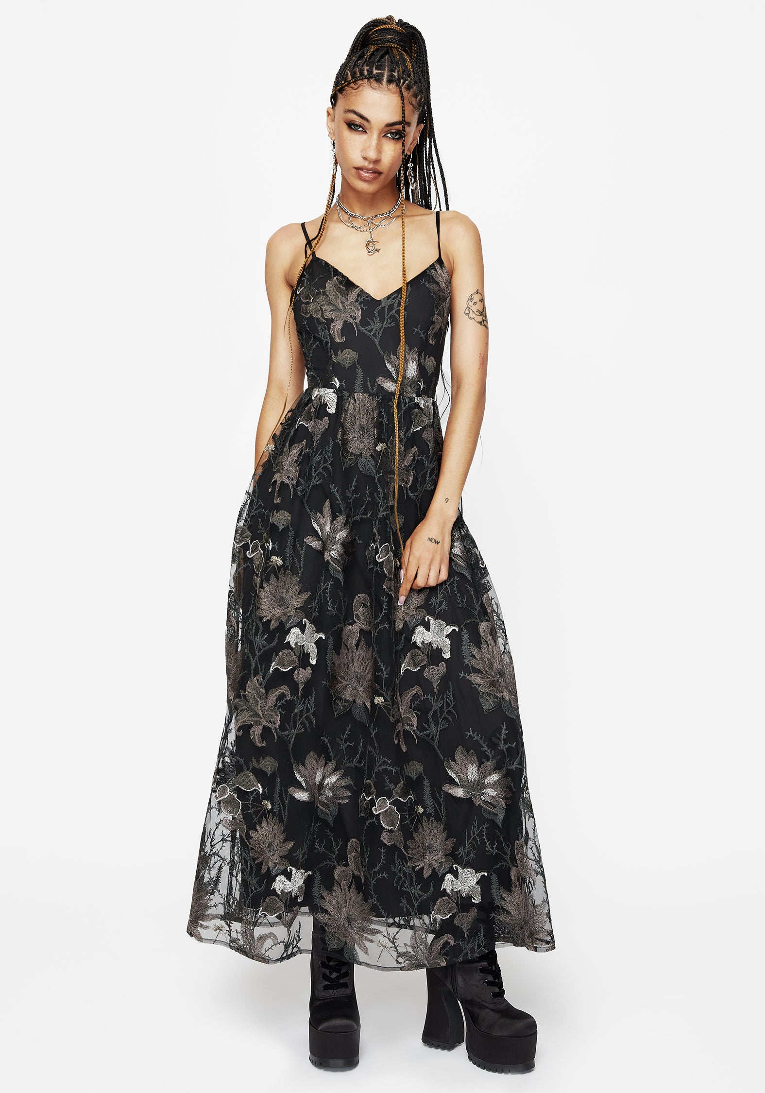 Estrid Embroidered Mesh Midaxi Cami Dress - Silver