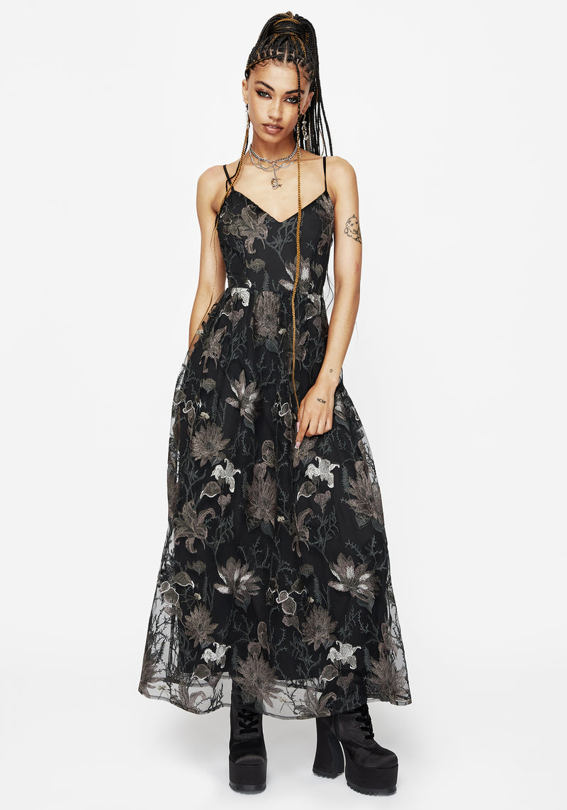 Estrid Embroidered Mesh Midaxi Cami Dress - Silver Disturbia Estrid Embroidered Mesh Midaxi Cami Dress - Silver Disturbia
