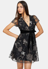 Estrid Embroidered Mesh Flute Sleeve Mini Dress - Silver