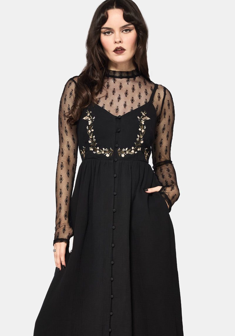 Abundance Cotton Floral Embroidered Bodice Cami Midaxi Dress - Black Abundance Cotton Floral Embroidered Bodice Cami Midaxi Dress - Black