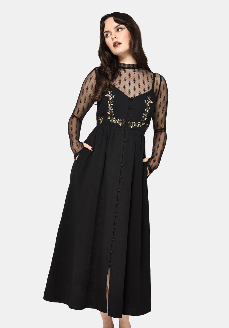 Abundance Cotton Floral Embroidered Bodice Cami Midaxi Dress - Black   Disturbia