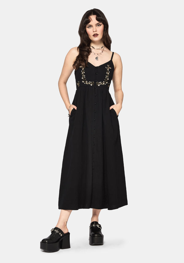 black dress with embroidered roses Embroidered Linen Blend Belted Black Midi Dress main image 1