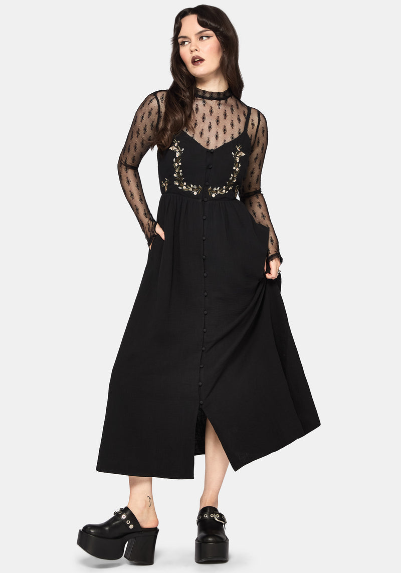 Abundance Cotton Floral Embroidered Bodice Cami Midaxi Dress - Black   Disturbia