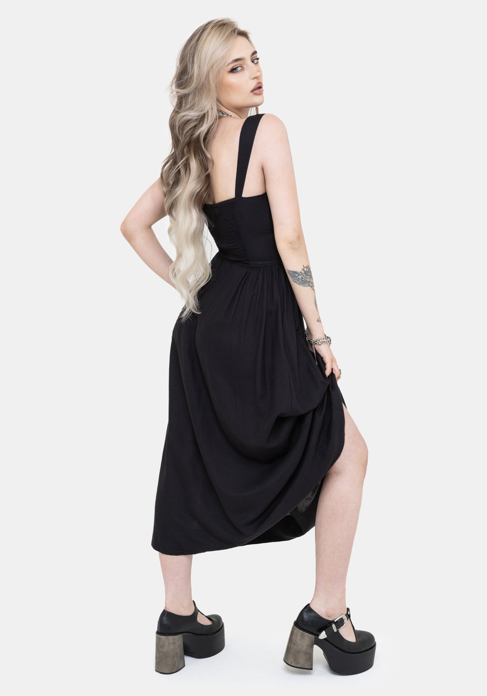 strappy pleated skater midaxi dress in black Ego Strappy Pleated Skater Midaxi Dress in Black