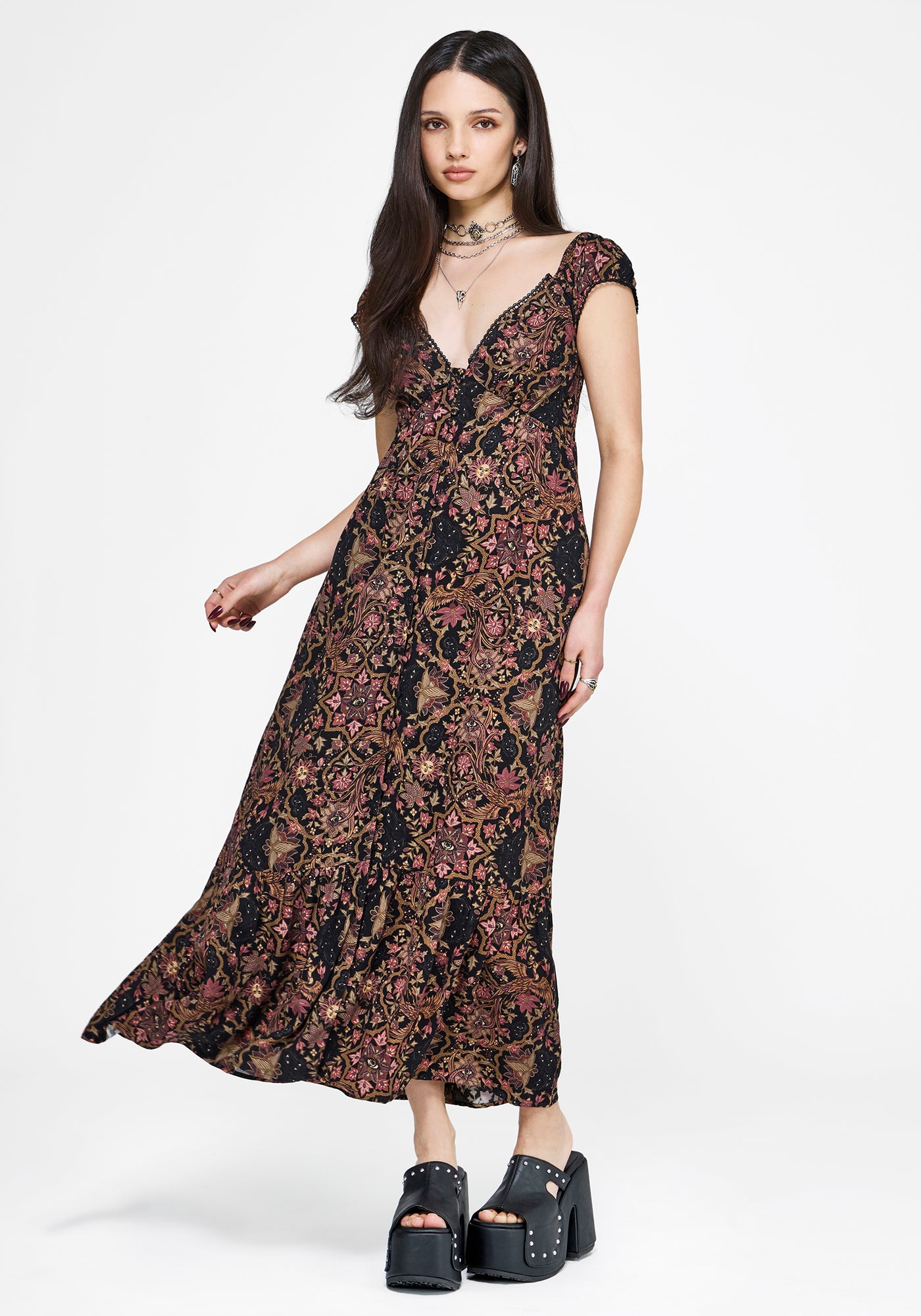 Mythos Print Milkmaid Smock Midaxi Dress – Disturbia
