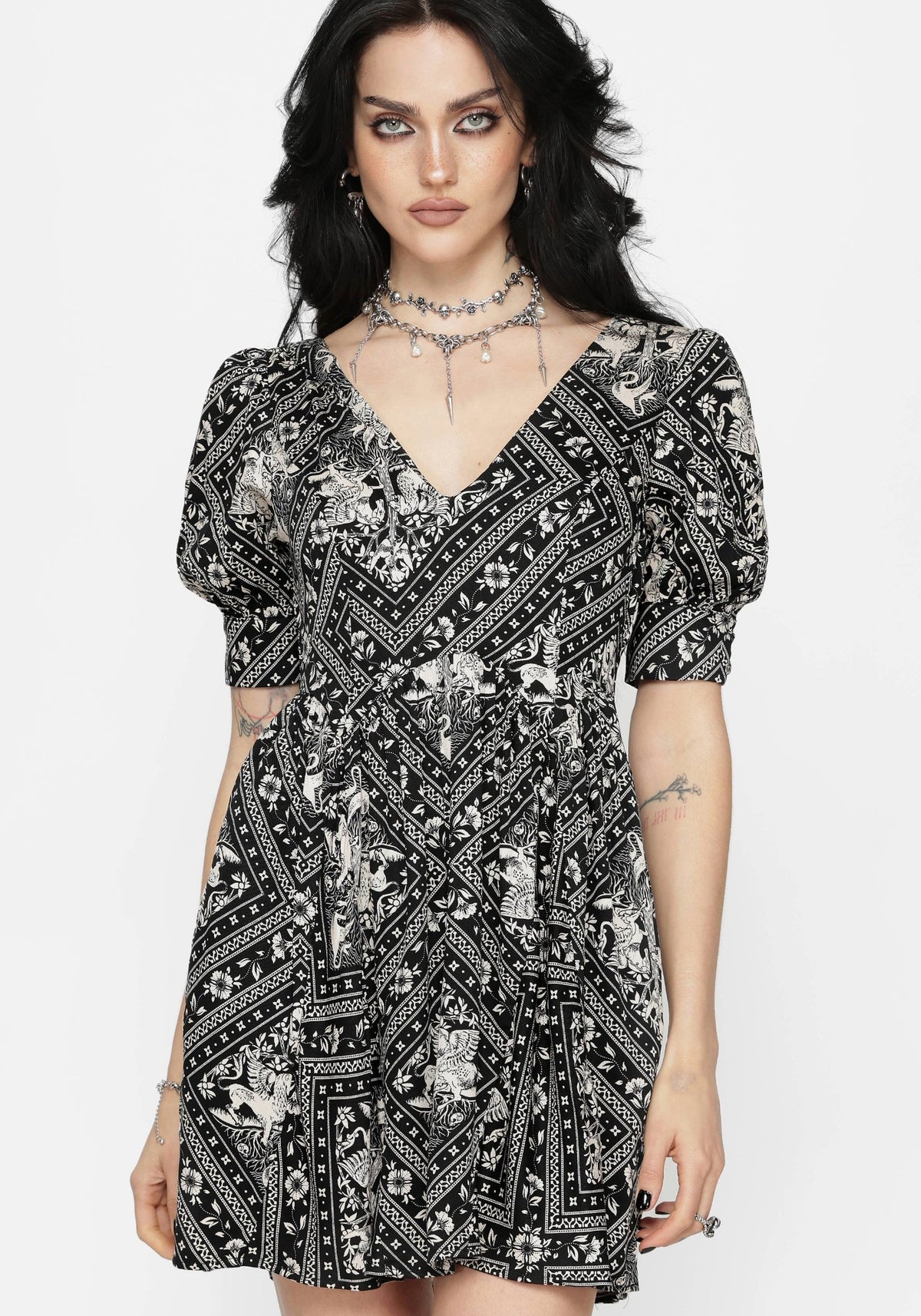 Hexweave Print V Neck Mini Dress