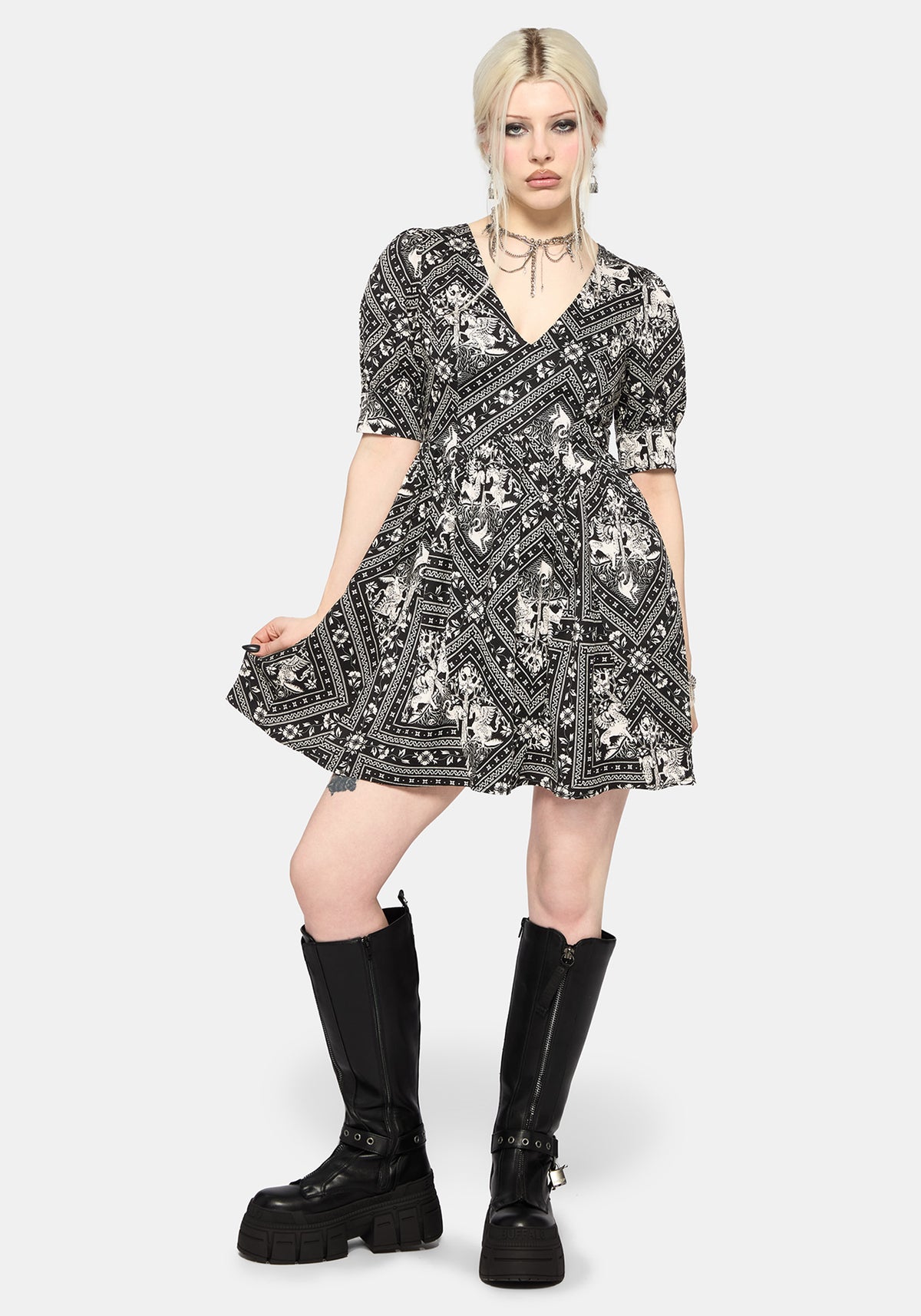 knee length dresses for ladies Rosaleigh Flock Velour Mesh Flare Sleeve Mini Dress | Disturbia