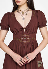 Arianwen Embroidered Puff Sleeve Midaxi Dress - Rust
