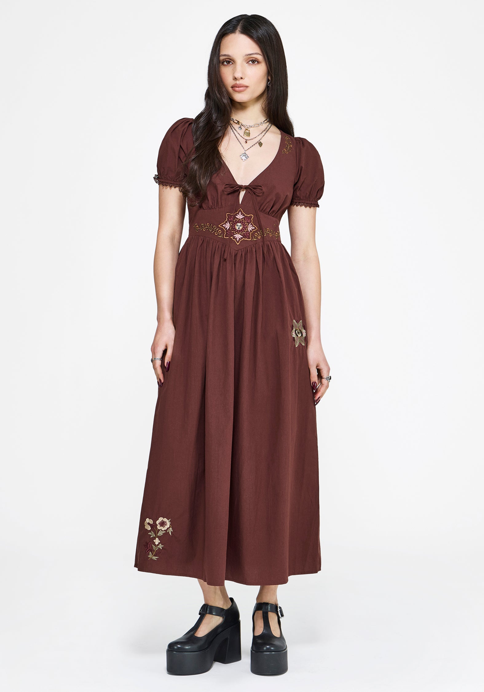 Arianwen Embroidered Puff Sleeve Midaxi Dress - Rust – Disturbia