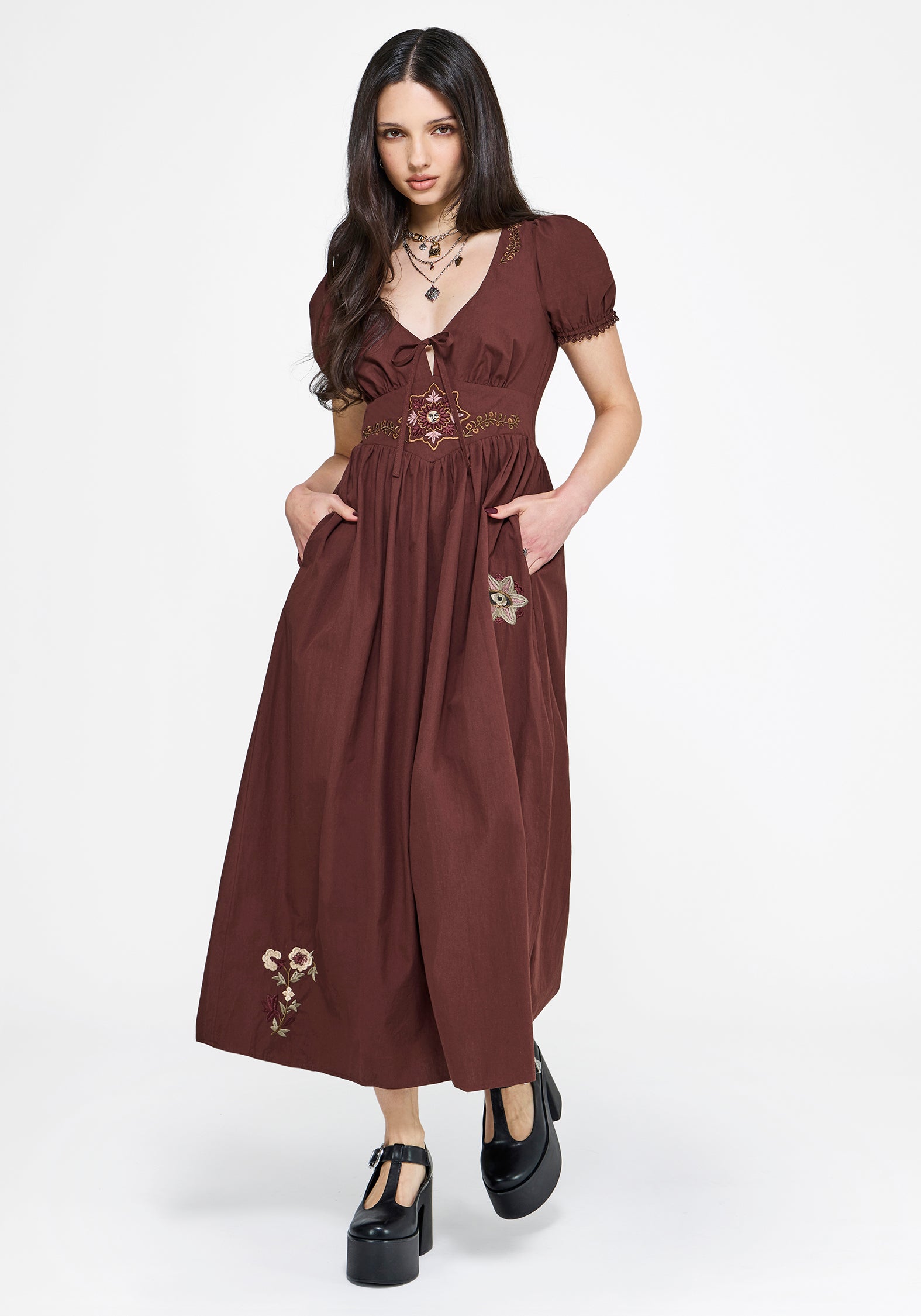 Arianwen Embroidered Puff Sleeve Midaxi Dress - Rust – Disturbia