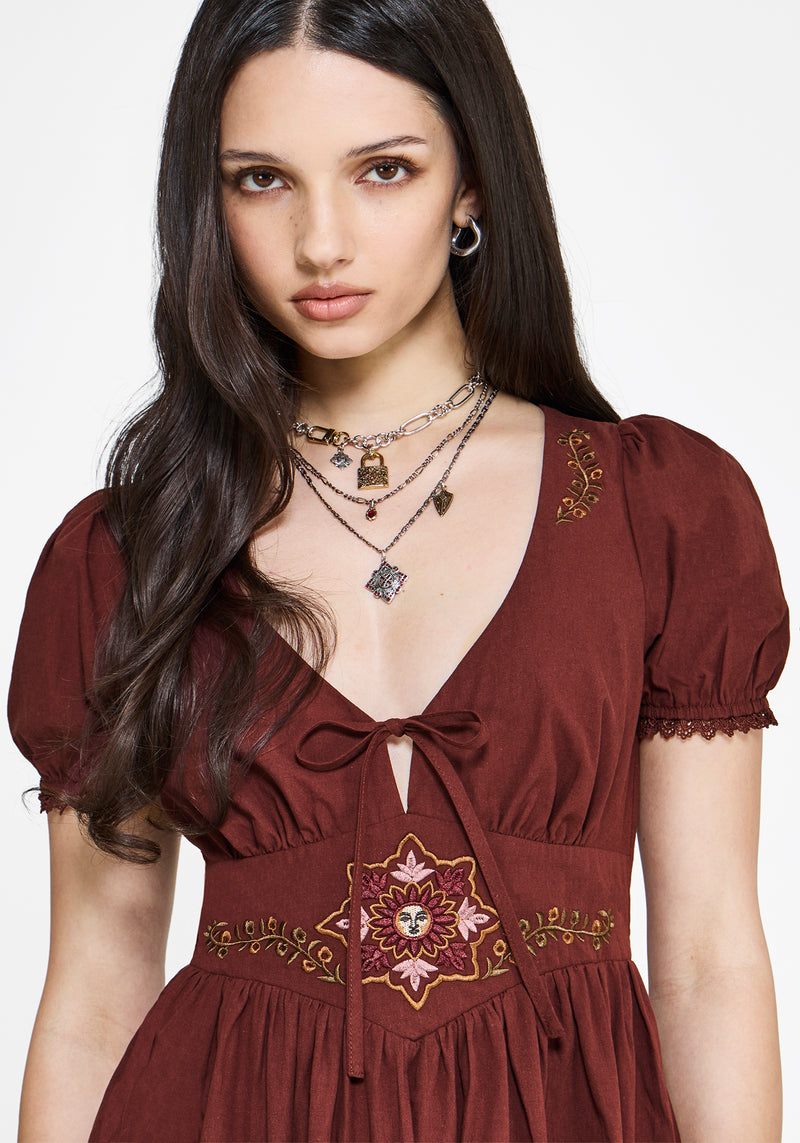 Arianwen Embroidered Puff Sleeve Midaxi Dress - Burgundy Arianwen Embroidered Puff Sleeve Midaxi Dress - Burgundy
