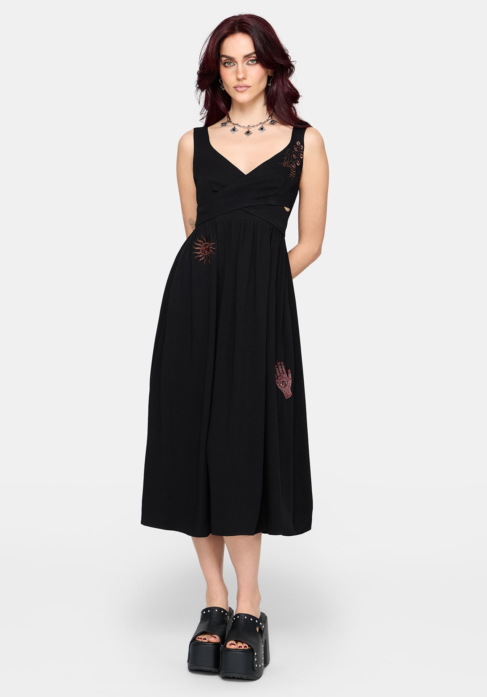 Mireth Embroidered Wrap Front Midi Dress