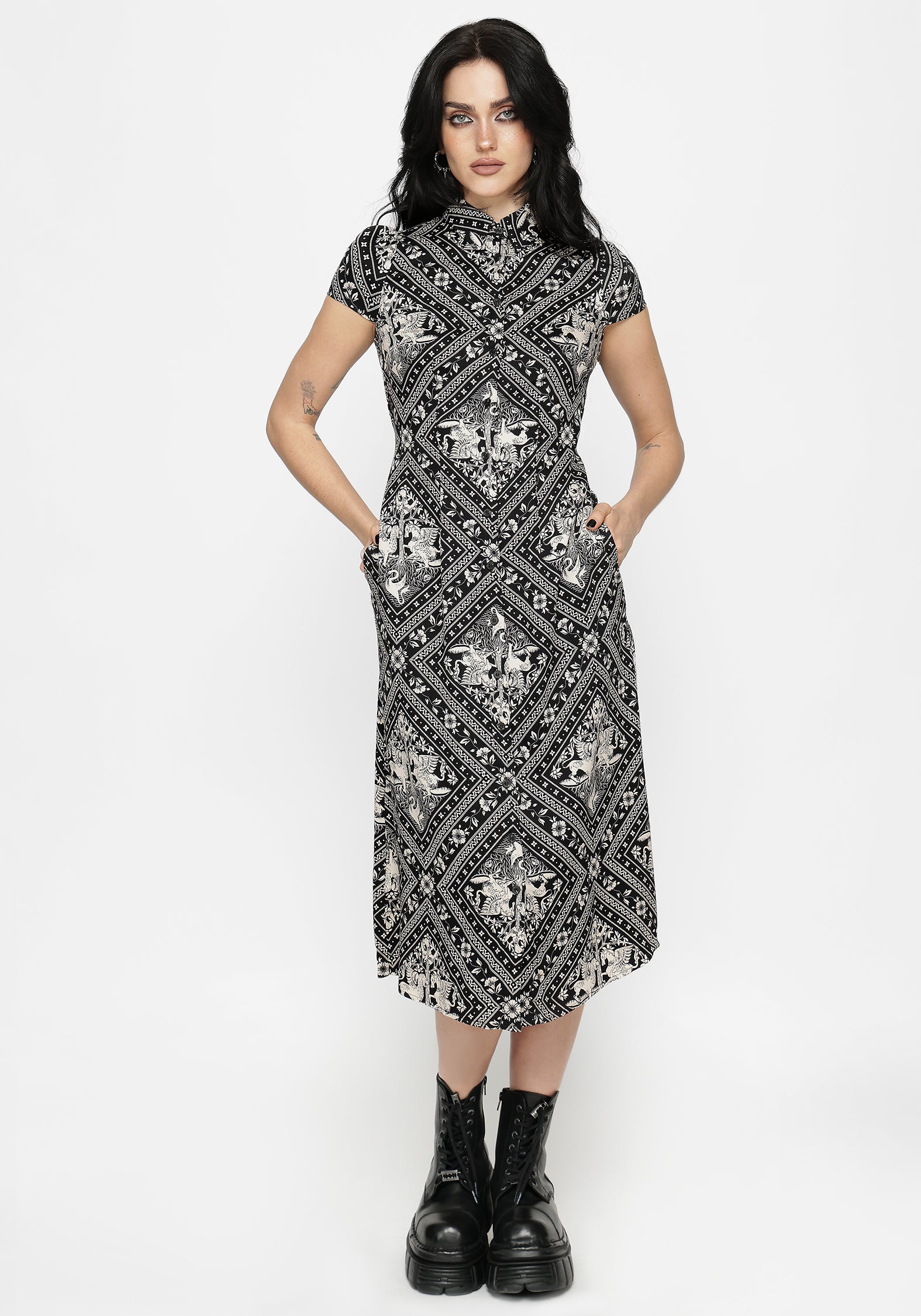 Hexweave Print Fitted Midi Shirt Dress