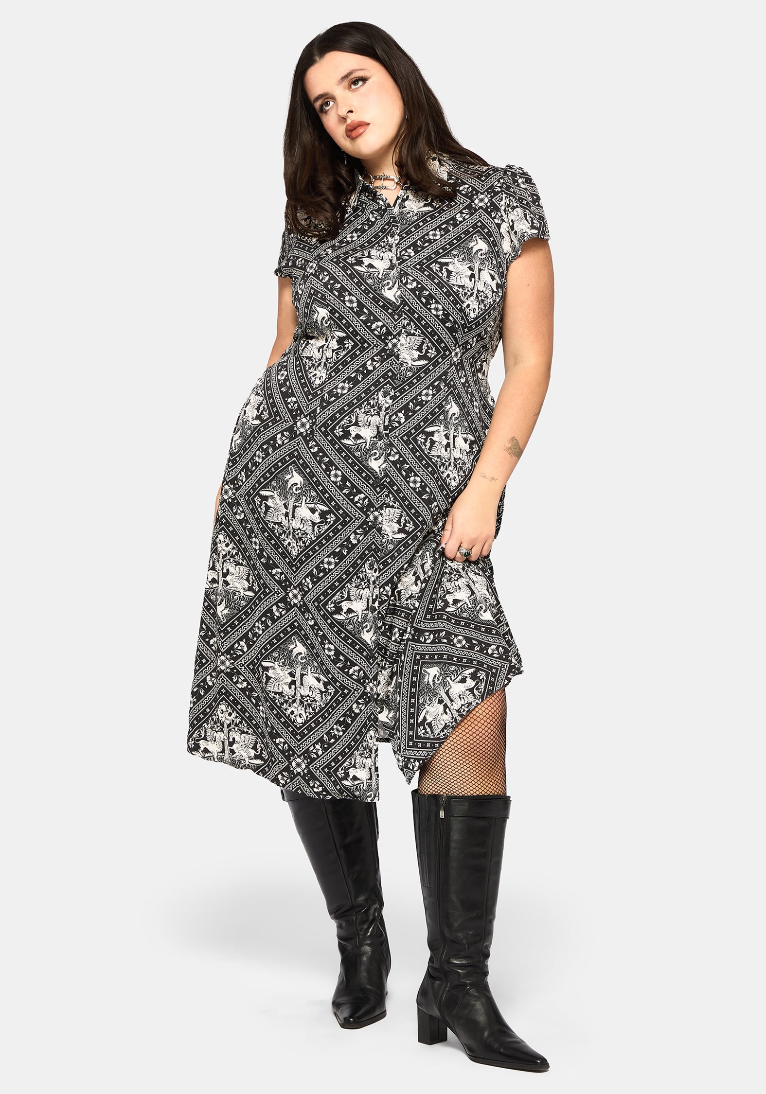 Hexweave Print Fitted Midi Shirt Dress
