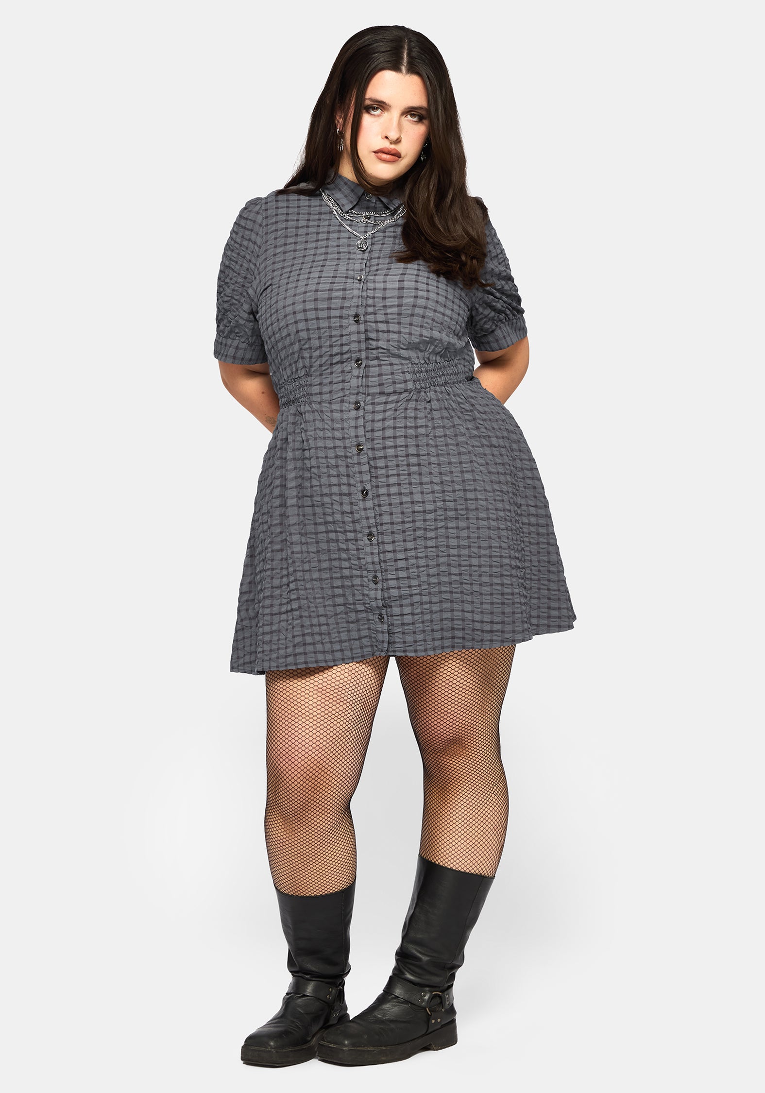 Nimira Check Puff Sleeve Mini Dress